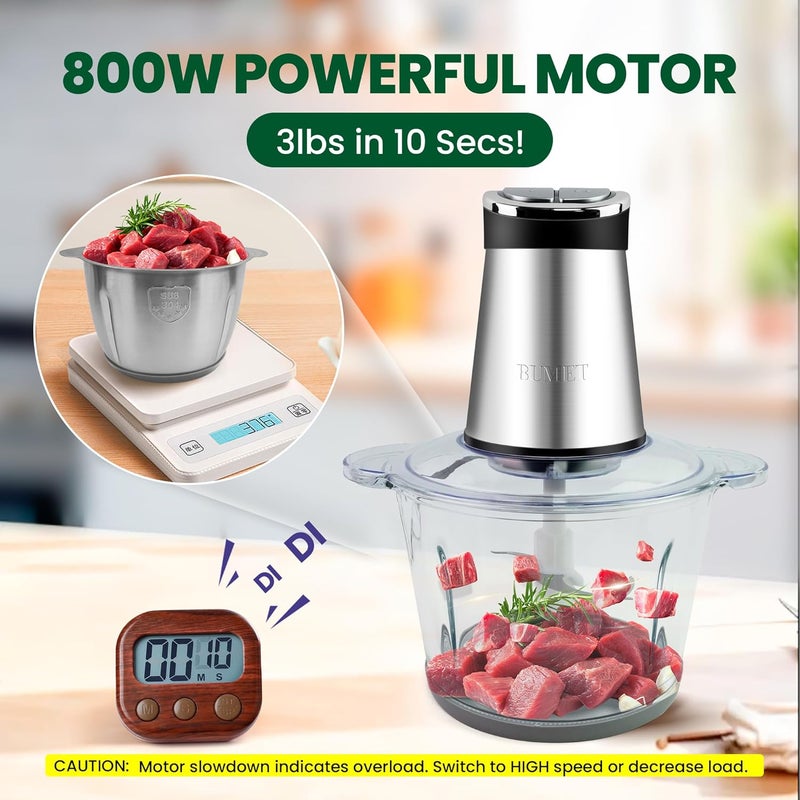 BUMET 2X12-cup bowls 800W Electric Food Processor with LED timer. 3-Tiered 6 Cutting Edges blade for mincing, chopping, Ideal as meat grinder, fresh vegetables chopper, pet food process in kitchen. - Image 4